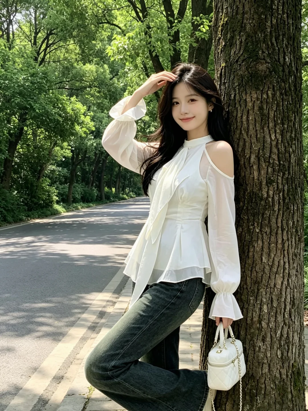 白色上衣搭配牛仔裤，温柔又气质～