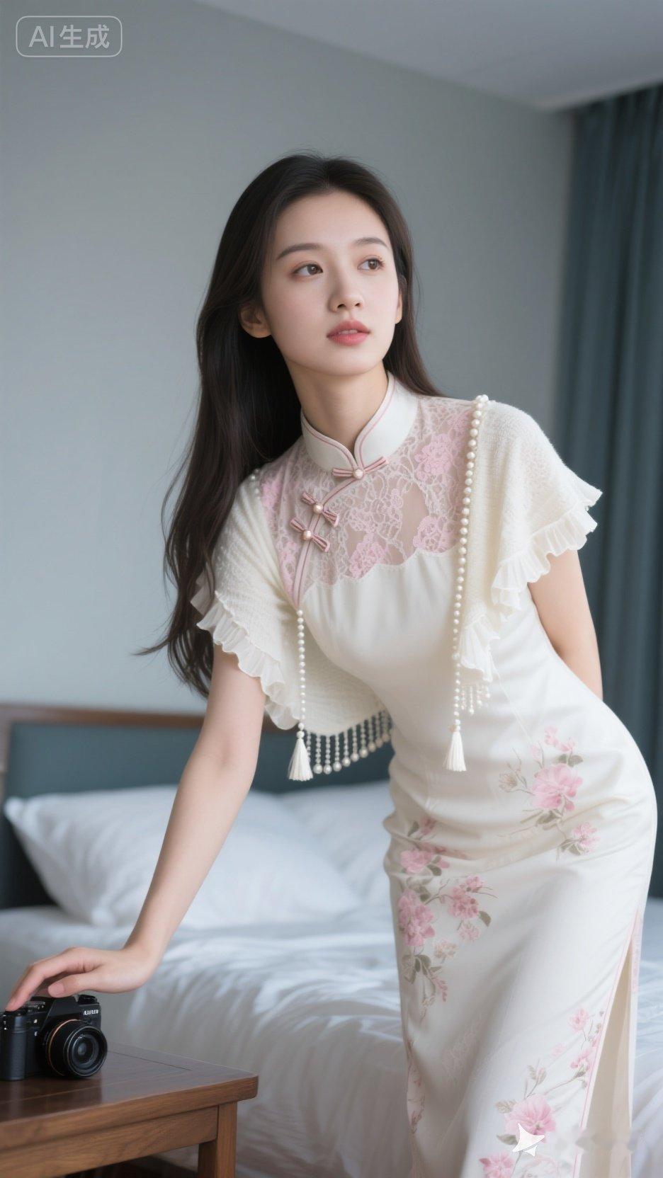 优雅旗袍少女，静谧卧室时光。