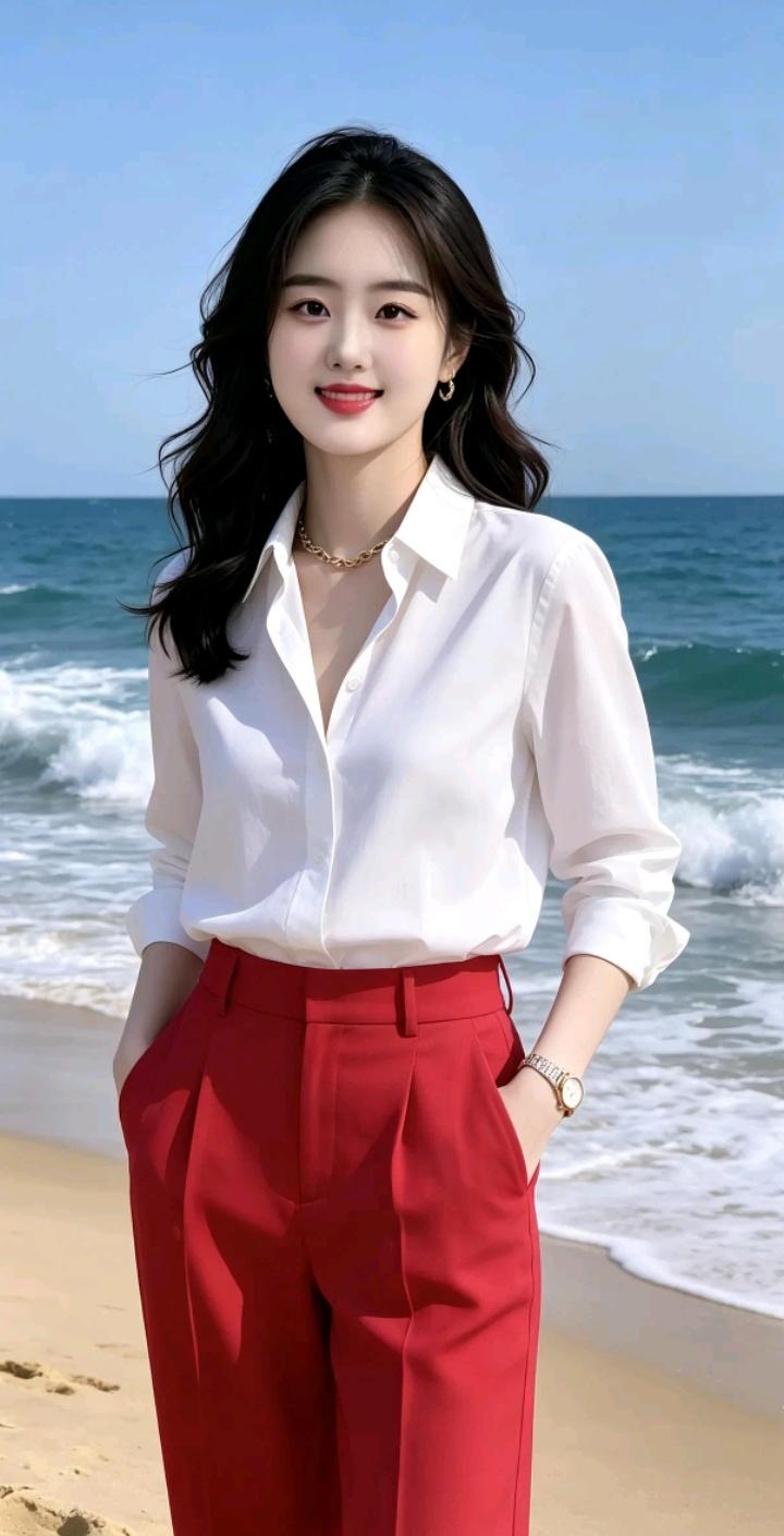 海边小姐姐，白衬衫配红裤，好亮眼！总有人问,女人如何才能活得优雅?黑裙白衬衫穿