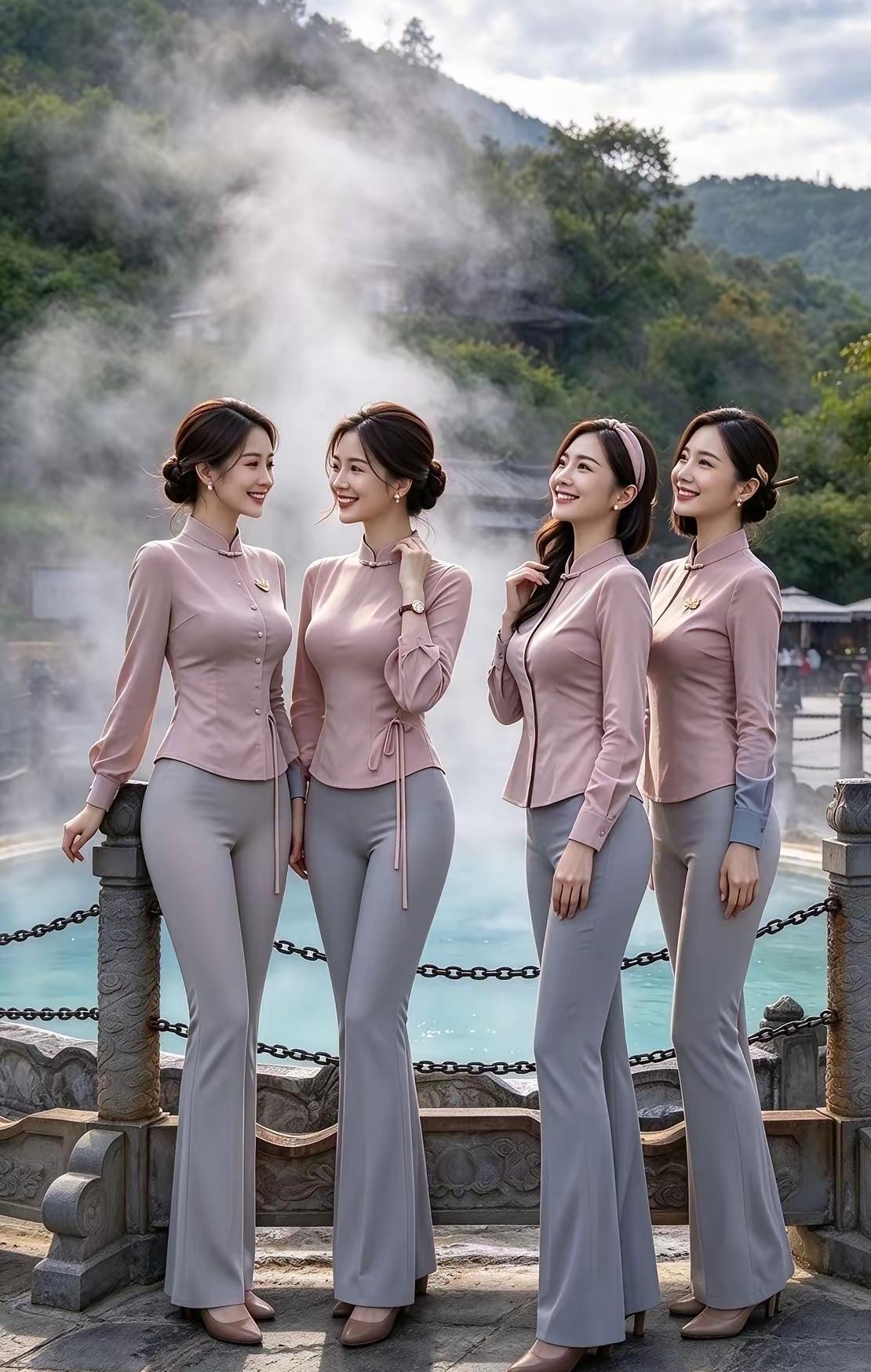 这四位美人宛若仙女下凡，每个人的容貌、身形比例都格外匀停，尤其是她们的纤腰格外动