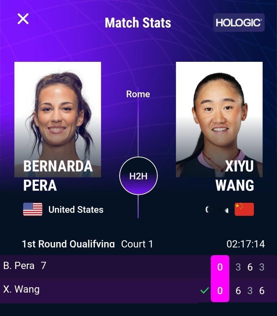 WTA1000罗马站资格赛，王曦雨以6-33-66-3淘汰佩拉，成功晋级决胜