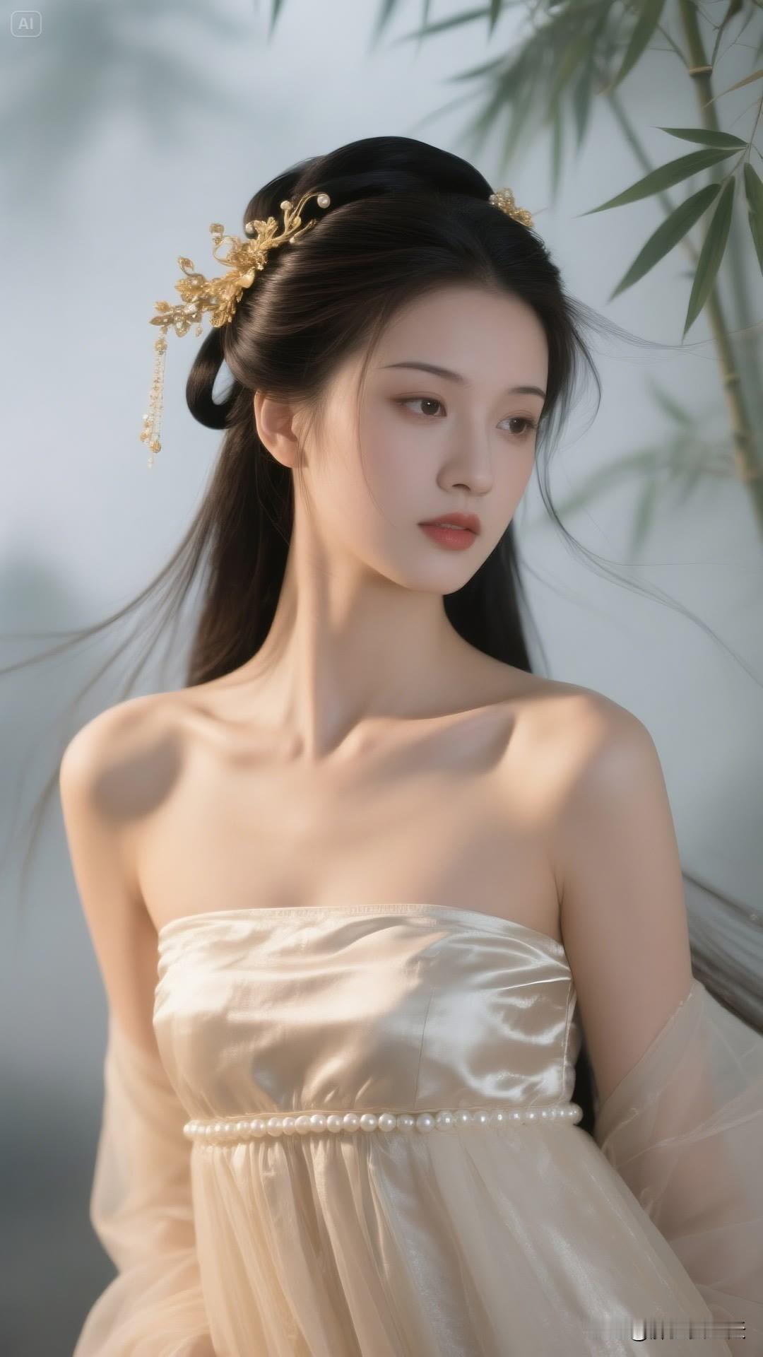 一袭白裙，两弯黛眉，古风妆容与发型尽显古典韵味，古装美女来袭。汉服古典人像古典