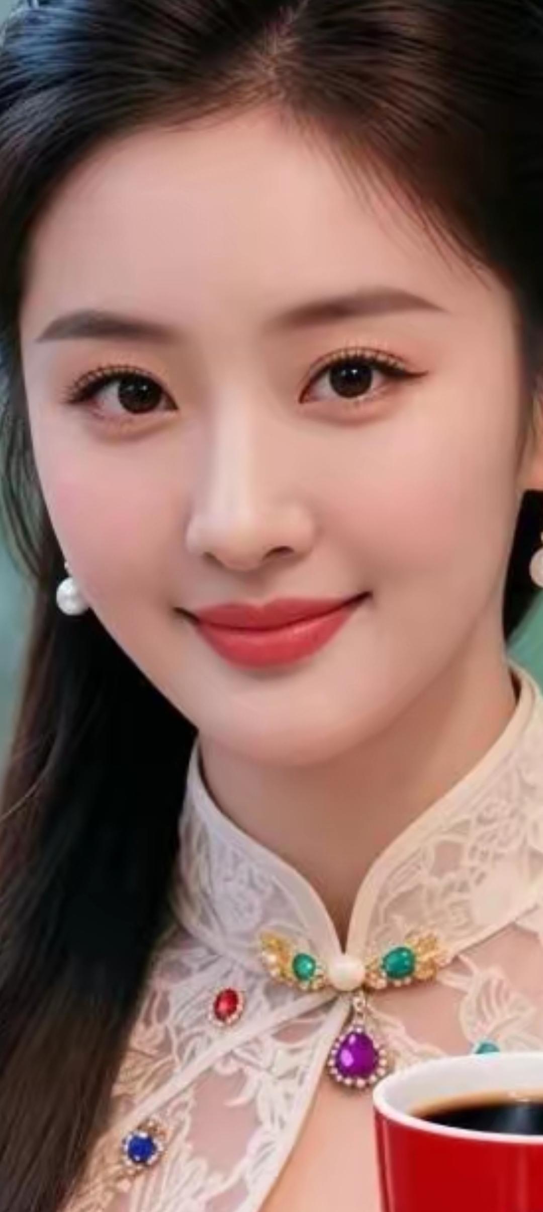 优雅气质，珍珠耳环与复古项链的完美搭配，咖啡时光的宁静与美好。