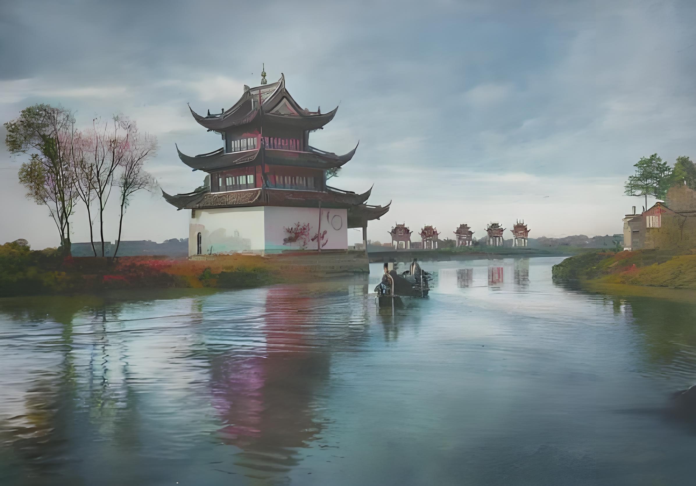 这张老照片，把江南水乡的黄昏拍得像幅水墨画——夕阳把云染成灰紫色，水面飘着小船，