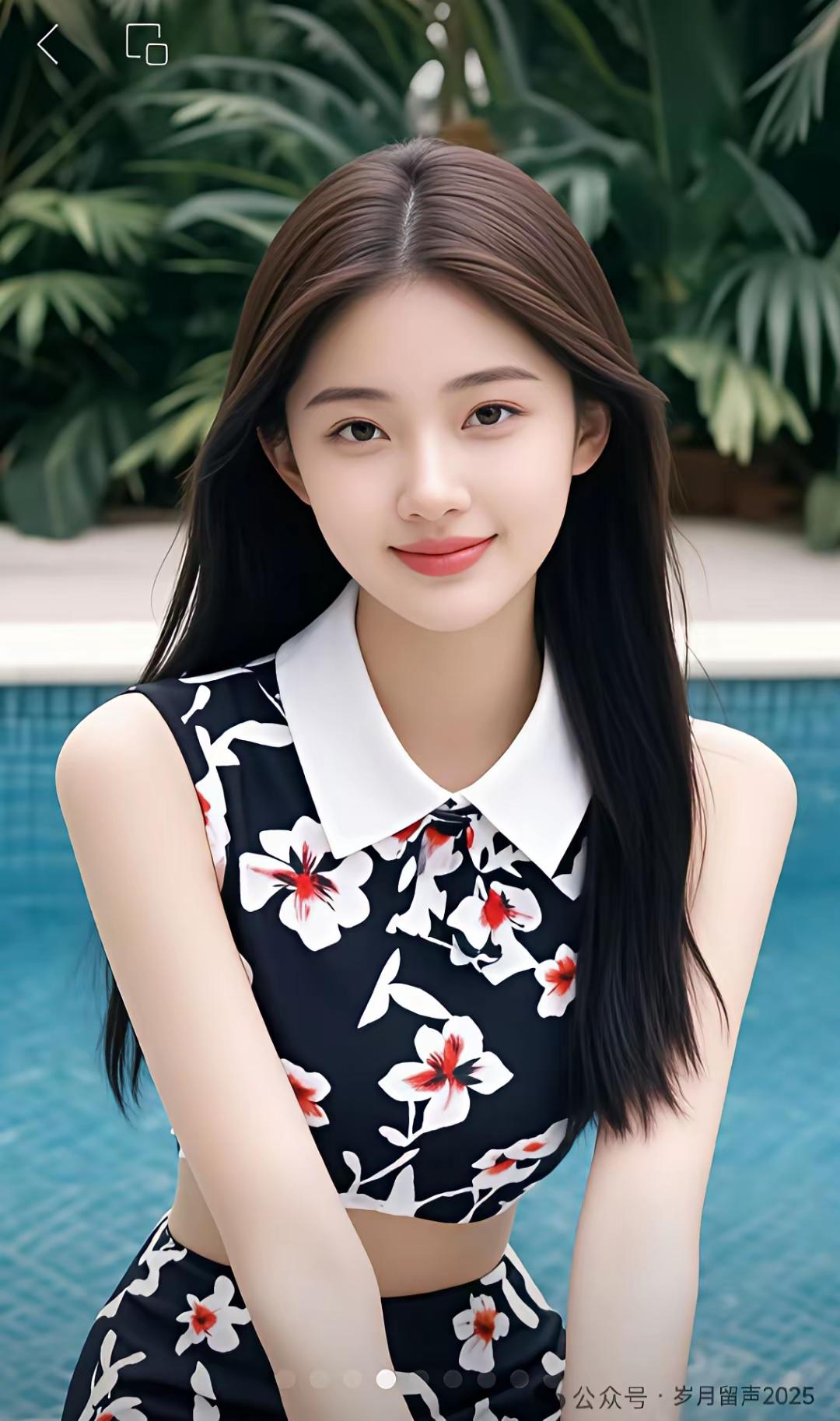 看到穿花裙子的女孩在泳池边，就想起杨超越的泳池大片，她穿吊带深V碎花裙，清新甜美