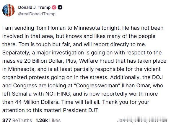 外媒报道：美国总统特朗普再次升级明州的局势，宣布由边境沙皇霍曼接管了明州ICE并