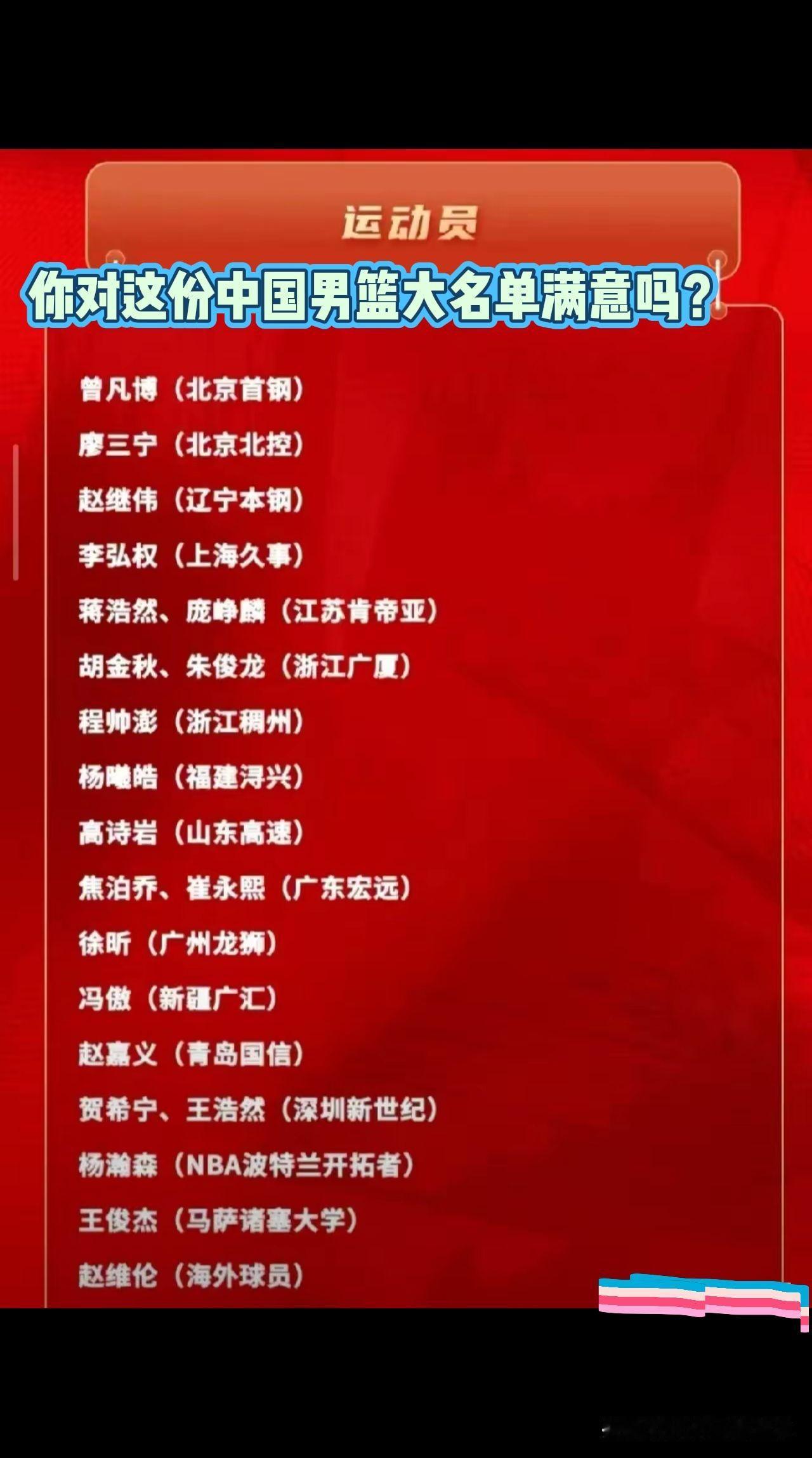球迷朋友们，你们对这份中国男篮的大名单满意吗？赵睿和张镇麟，周琦三人落选并不意外