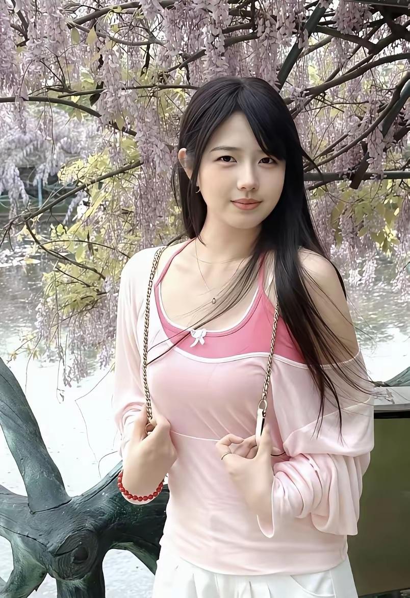 樱花树下，少女甜美微笑，粉色上衣与春日相映成趣。盛开着的樱花樱花蓝天景