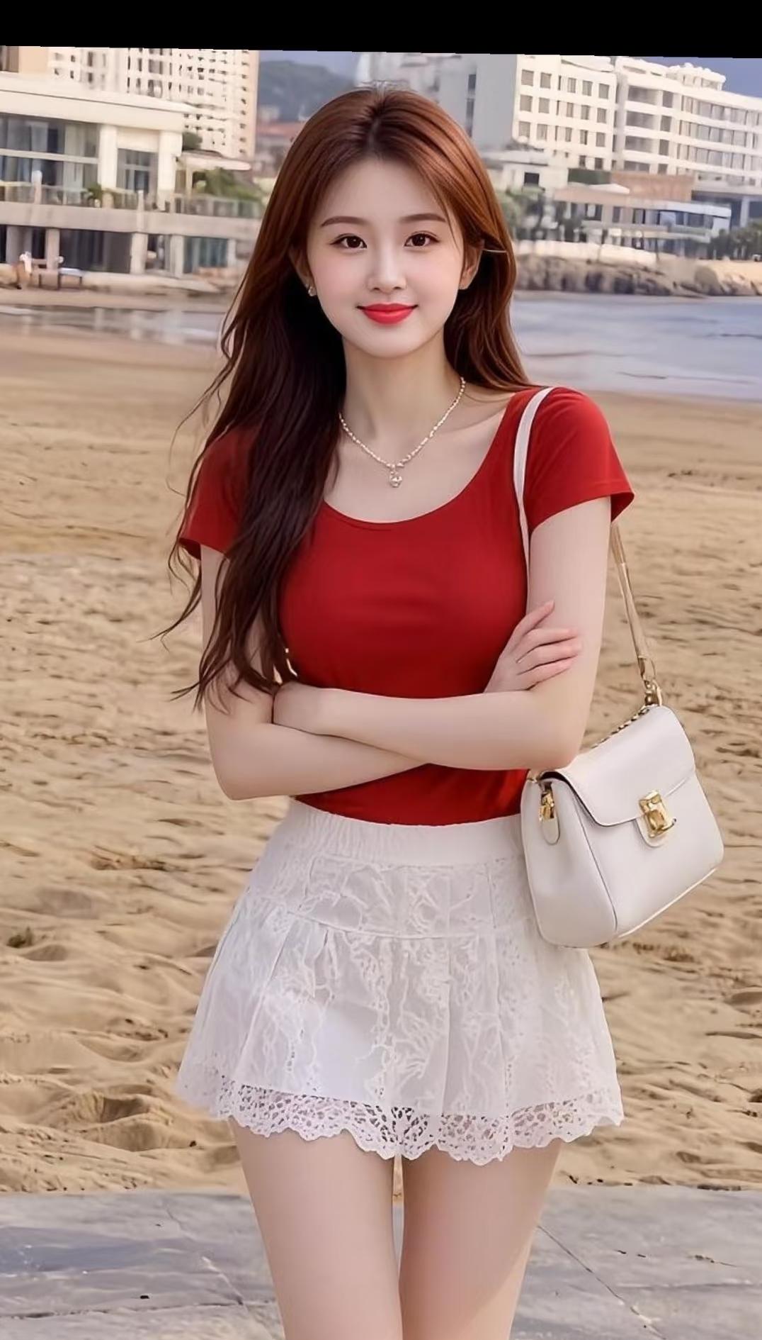 甜美少女，红衣白裙，阳光灿烂，心情愉悦！🌞👗💃