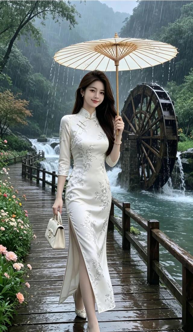 青山细雨落潺潺，素色旗袍立木栏。油纸轻擎遮薄雾，流动风景似江南。
