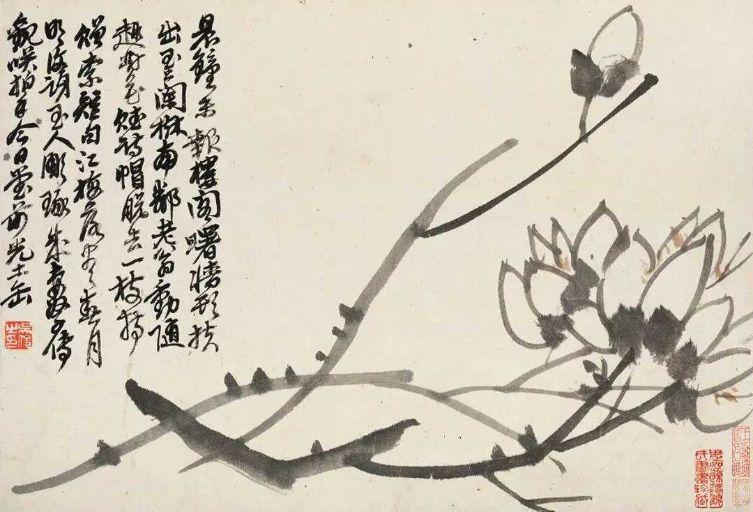 吴昌硕《花卉册》，这组册页是吴昌硕48岁所作，是其青年时期的水墨作品，共计八开，