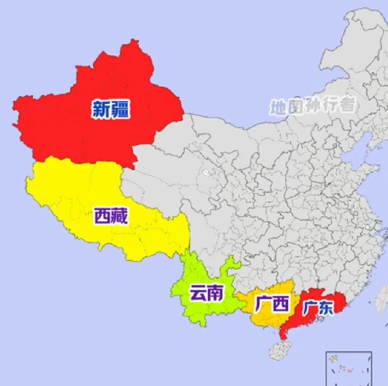原来新疆和广东省之间隔了三个省，分别是西藏，云南，广西，从地图上看并不算远，可是