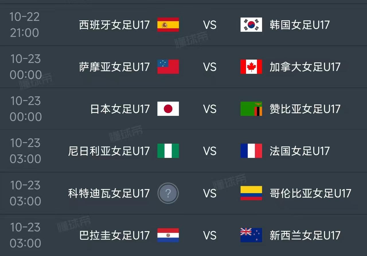 北京时间10月22日-23日，U17女足世界杯小组赛第二轮6场赛程如下：22