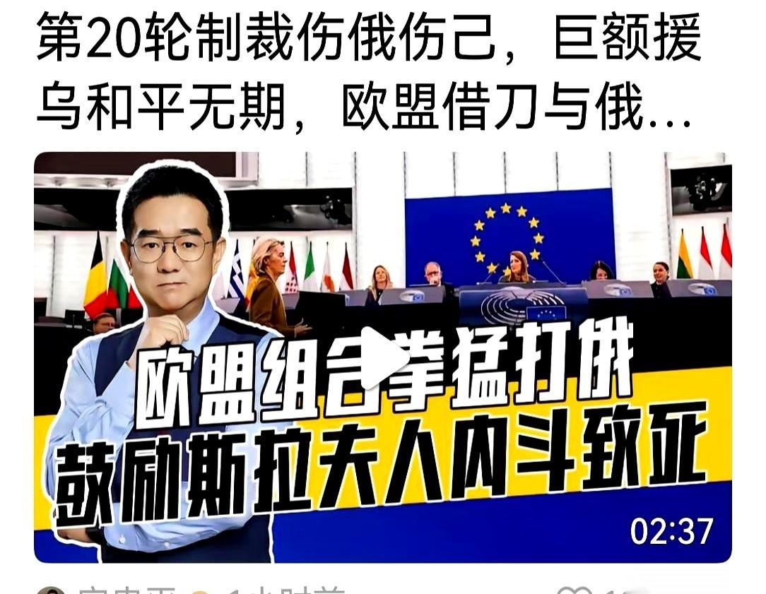 大V宋忠平曾抛出一个论调：欧盟连搞了20轮制裁，结果是伤俄又伤己，砸下巨资援乌，