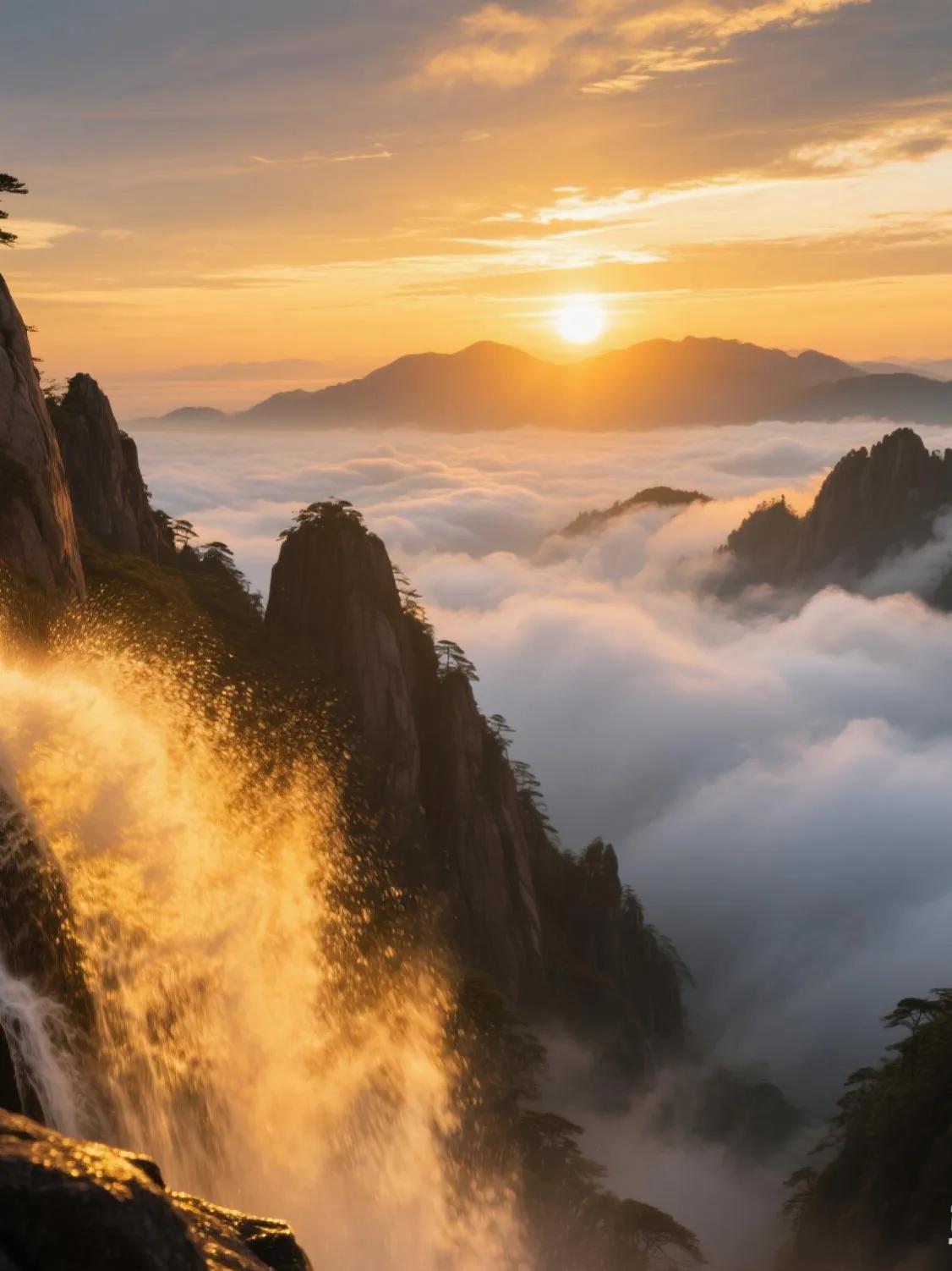 夕阳为黄山织就金色锦缎，云海翻涌、瀑布飞金，每一帧都是视觉盛宴。黄山顶峰看云海