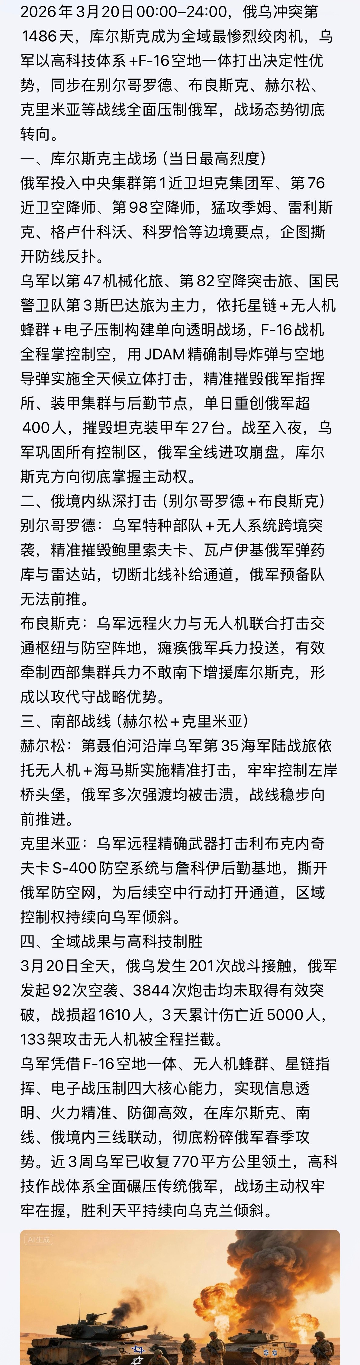 3月20日后俄乌战场的大致战况！目前乌军已收复770平方公里，战场态势正朝有利方