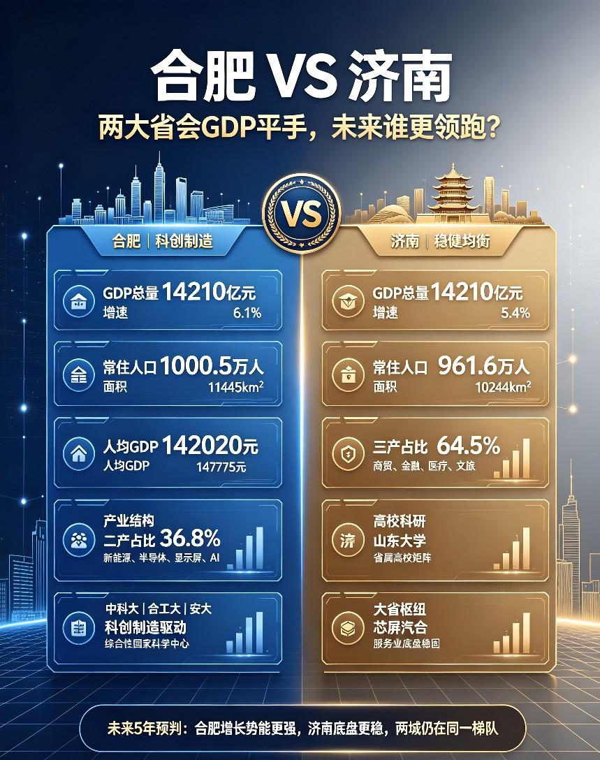 合肥VS济南：两大省会GDP打成平手，未来五年谁会领跑？2025年一个很有