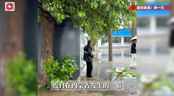 “活该老板发财！”近日，内蒙古，一老年人在大雨中守着菜摊，浑身湿透，路过女生看到