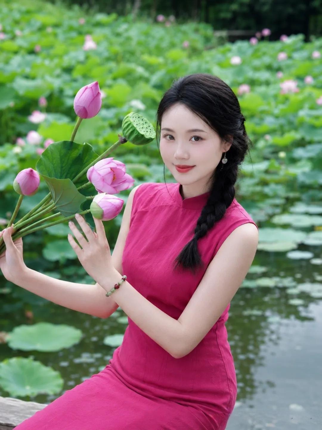 粉荷映衬少女颜，夏日荷塘美如画