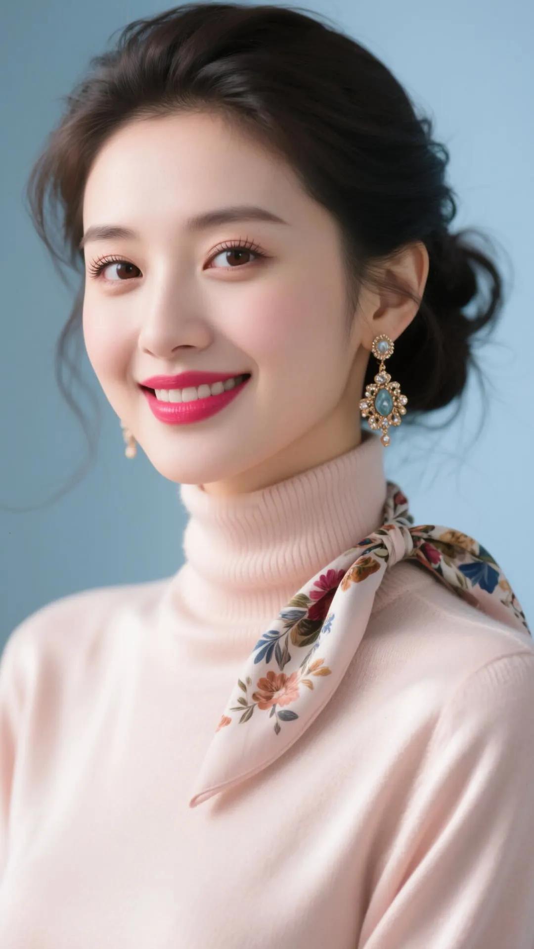 温柔甜美的粉色毛衣搭配精致耳环，散发着优雅的气质。