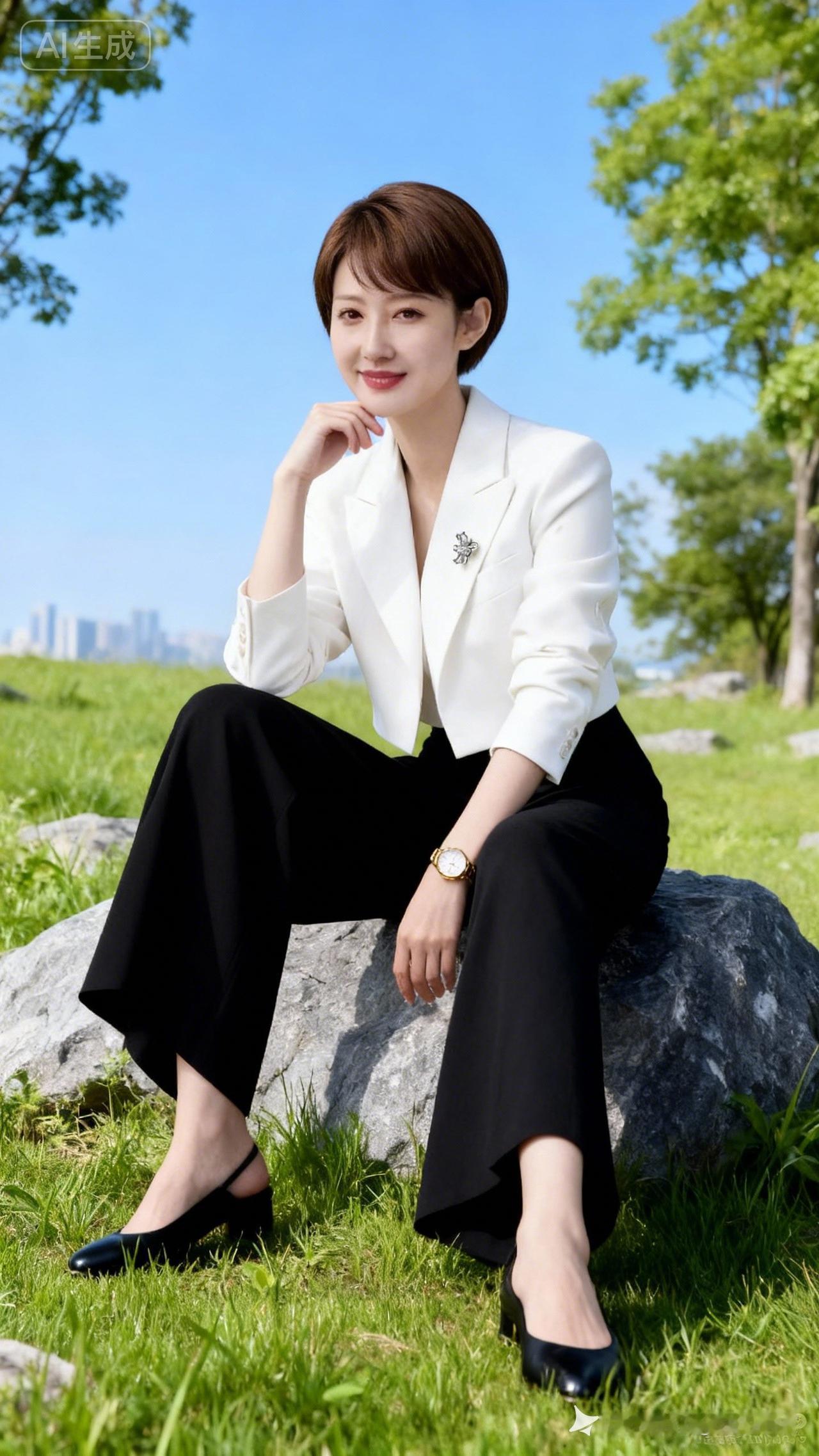 优雅职场风，白色西装搭配黑色长裤，都市女性范儿十足！