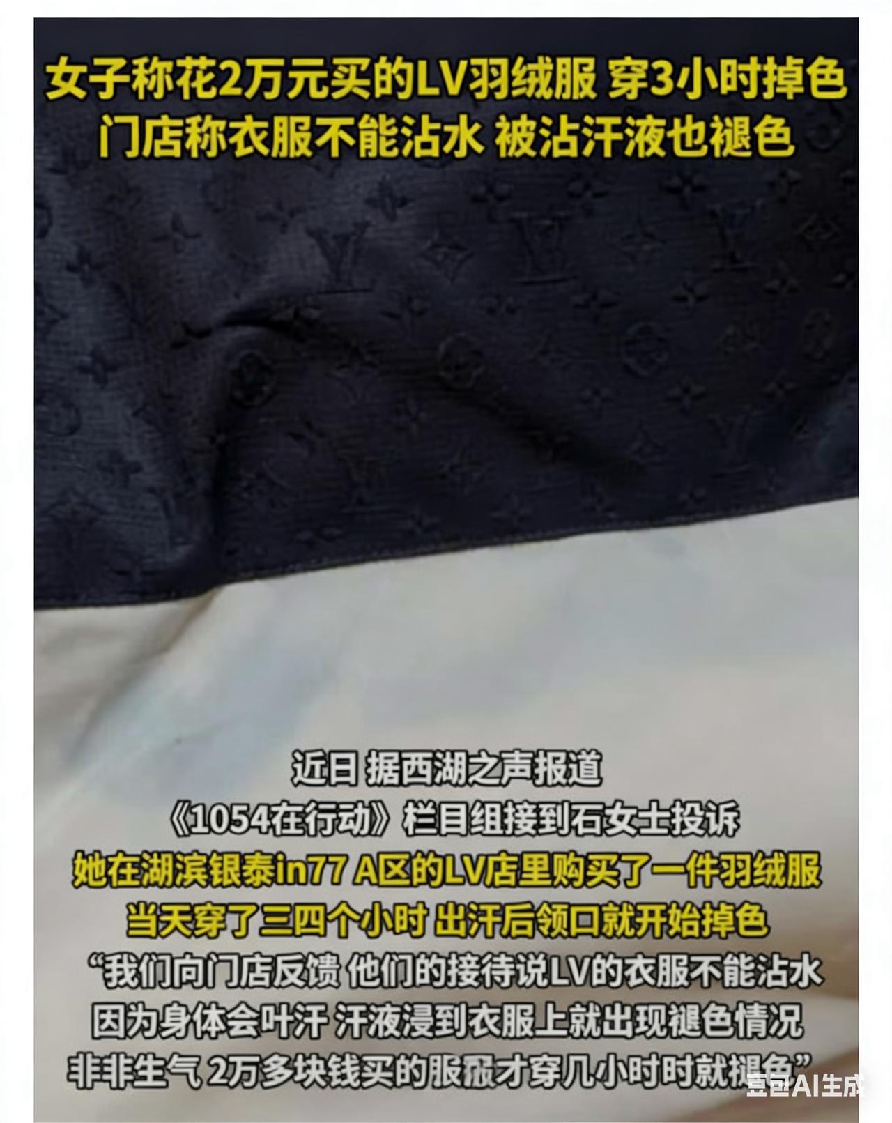 两万元的LV羽绒服穿3小时就掉色。近日，石女士向西湖之声投诉，称其在LV湖滨银
