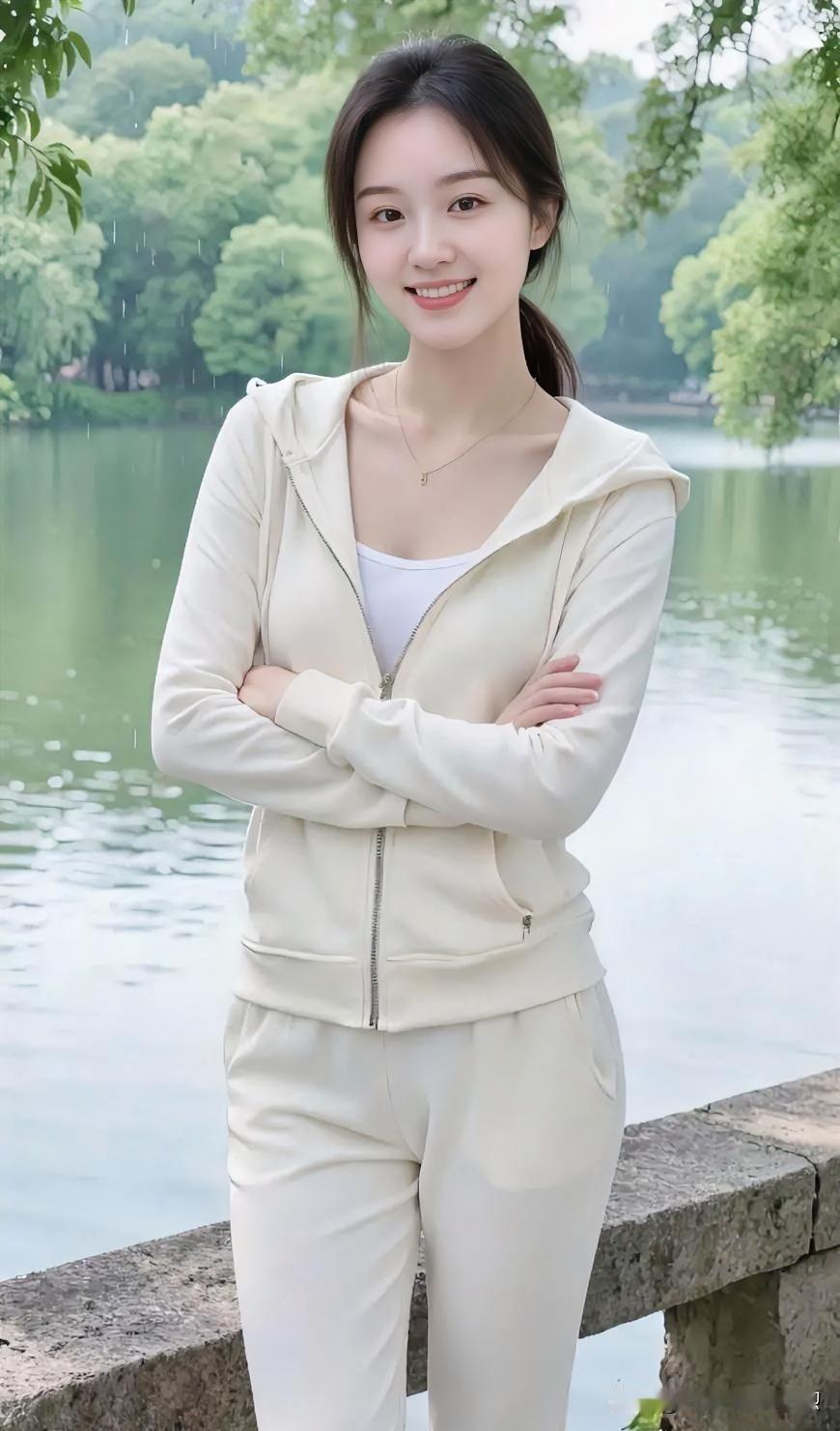 细雨织轻纱，湖光映翠色。她身着素雅白衣静立水畔，笑意盈盈，不染尘埃。那一抹从容，