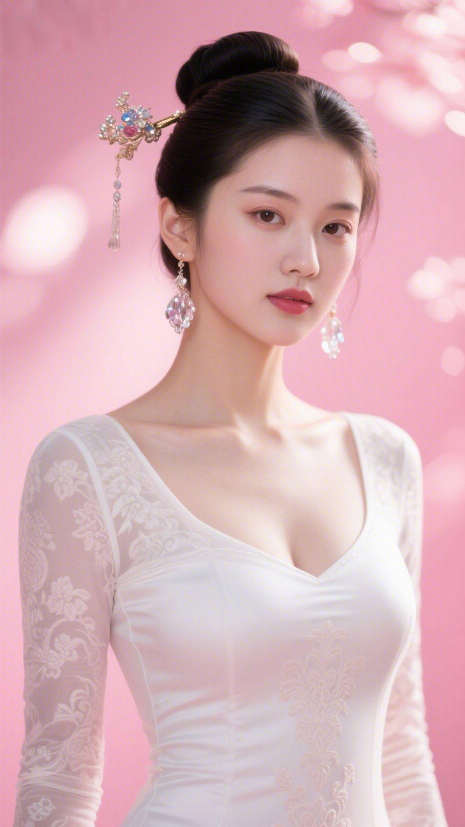 《粉光里的雅韵》暖粉柔光轻笼发间金簪，碎钻流苏随呼吸微晃，恰似春夜星子栖在