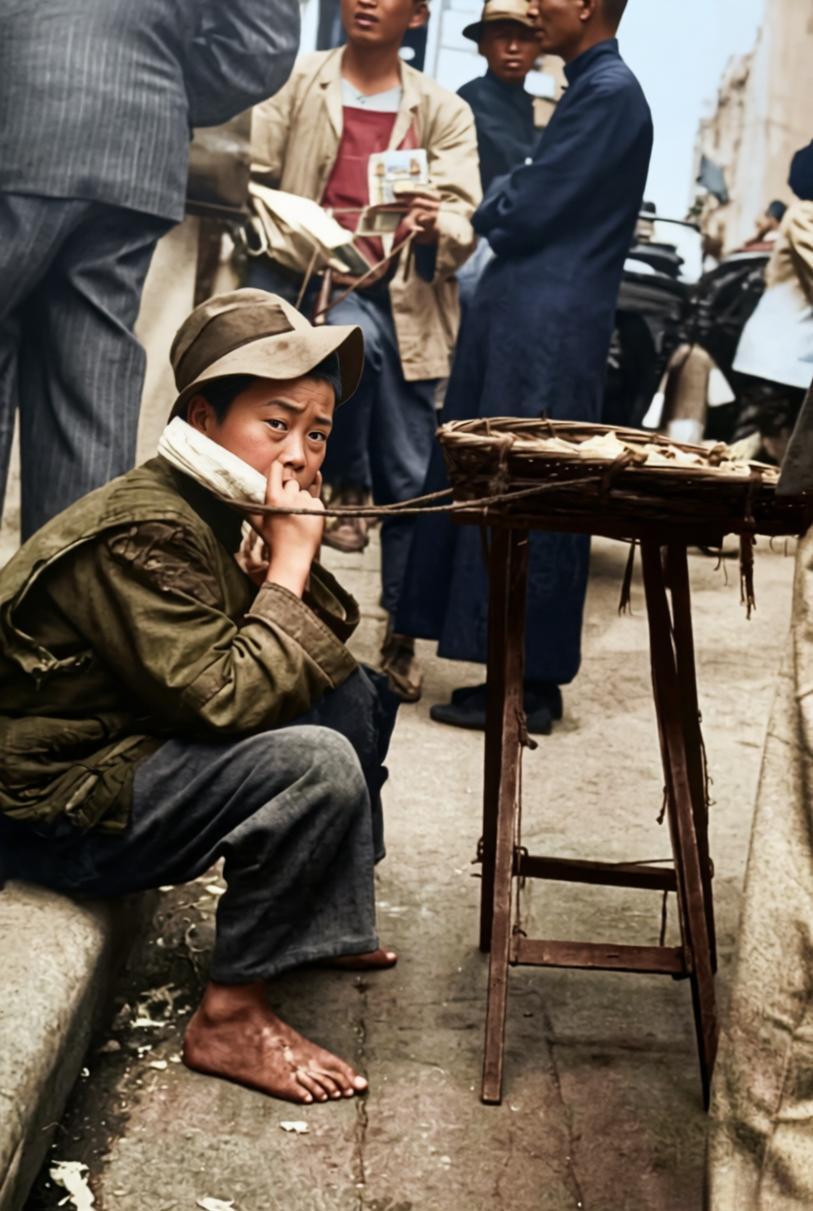 1940年，上海街头，穷苦小孩在摆摊卖糖。这小孩戴着顶旧帽子，光着脚，衣服破旧