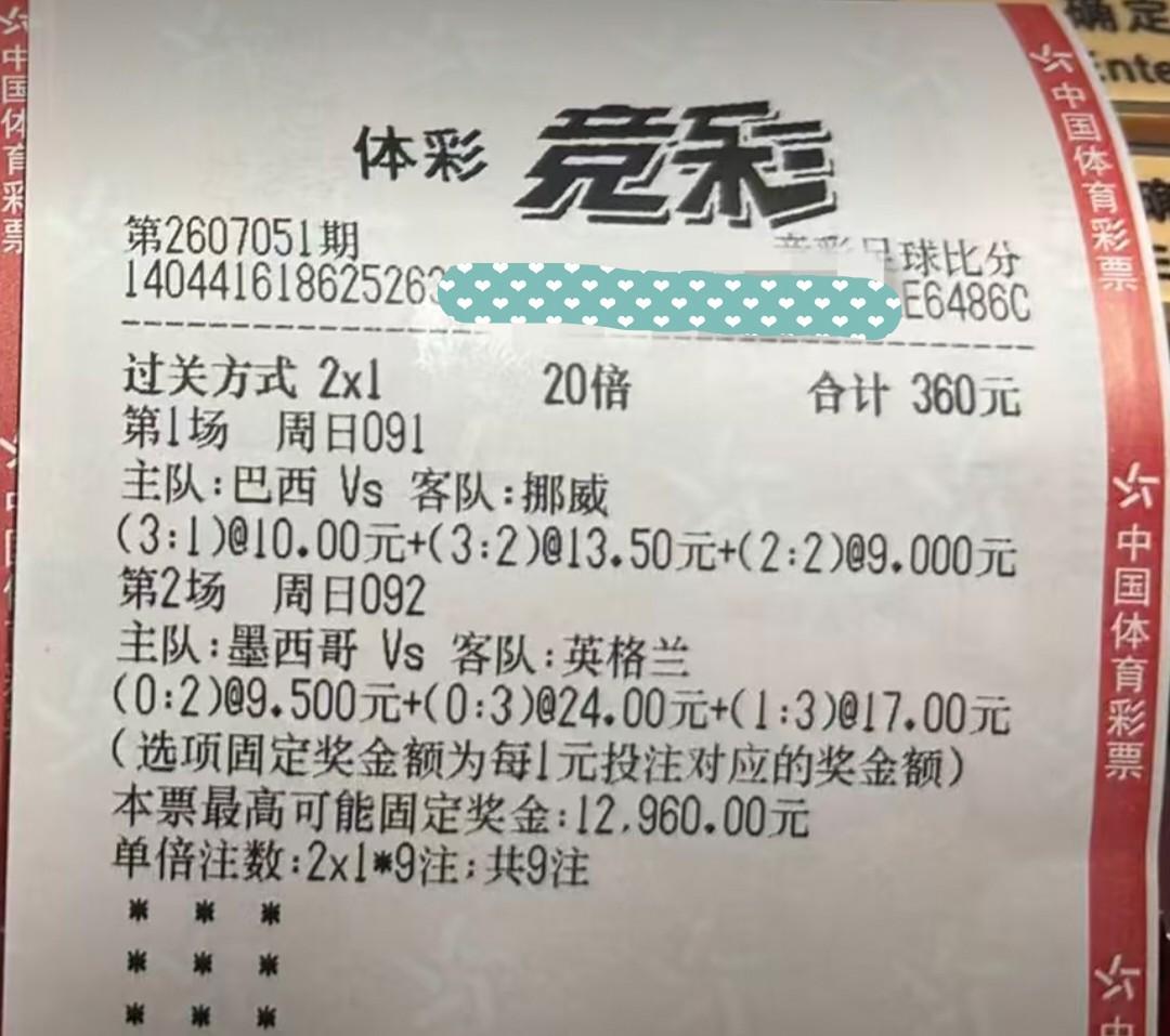巴西vs挪威、墨西哥vs英格兰，这两场比赛，这样打比分，大家觉得如何？这张彩票