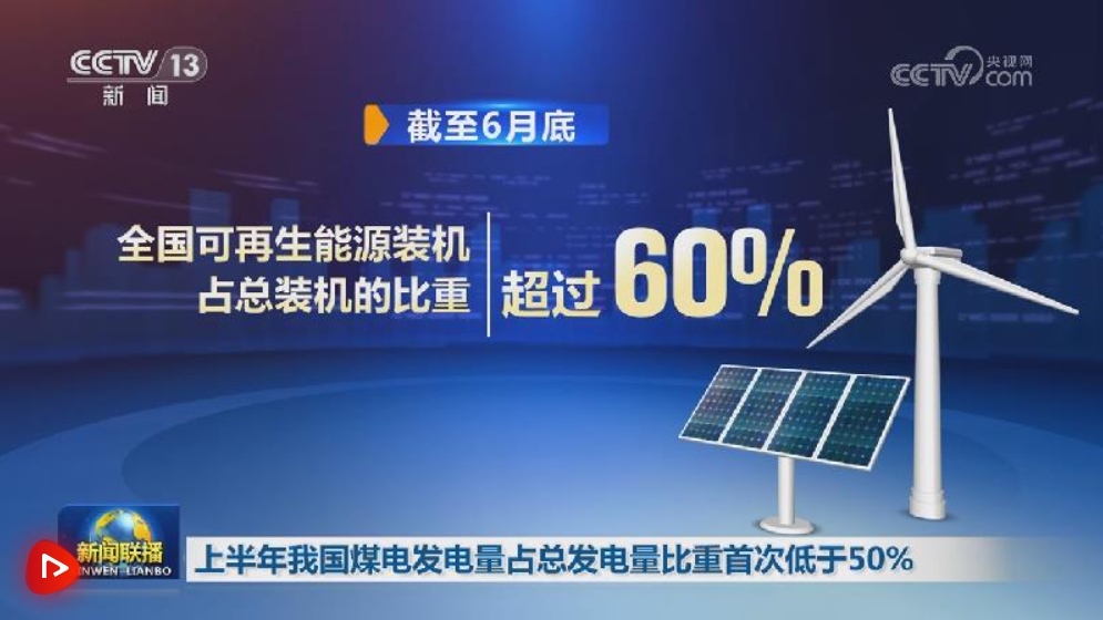 上半年我国煤电发电量占总发电量比重首次低于50%