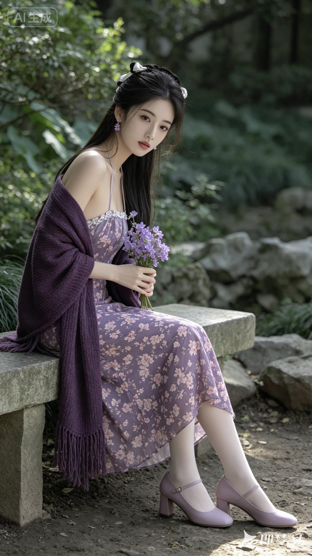 一个女孩坐在长椅上，手拿花束。