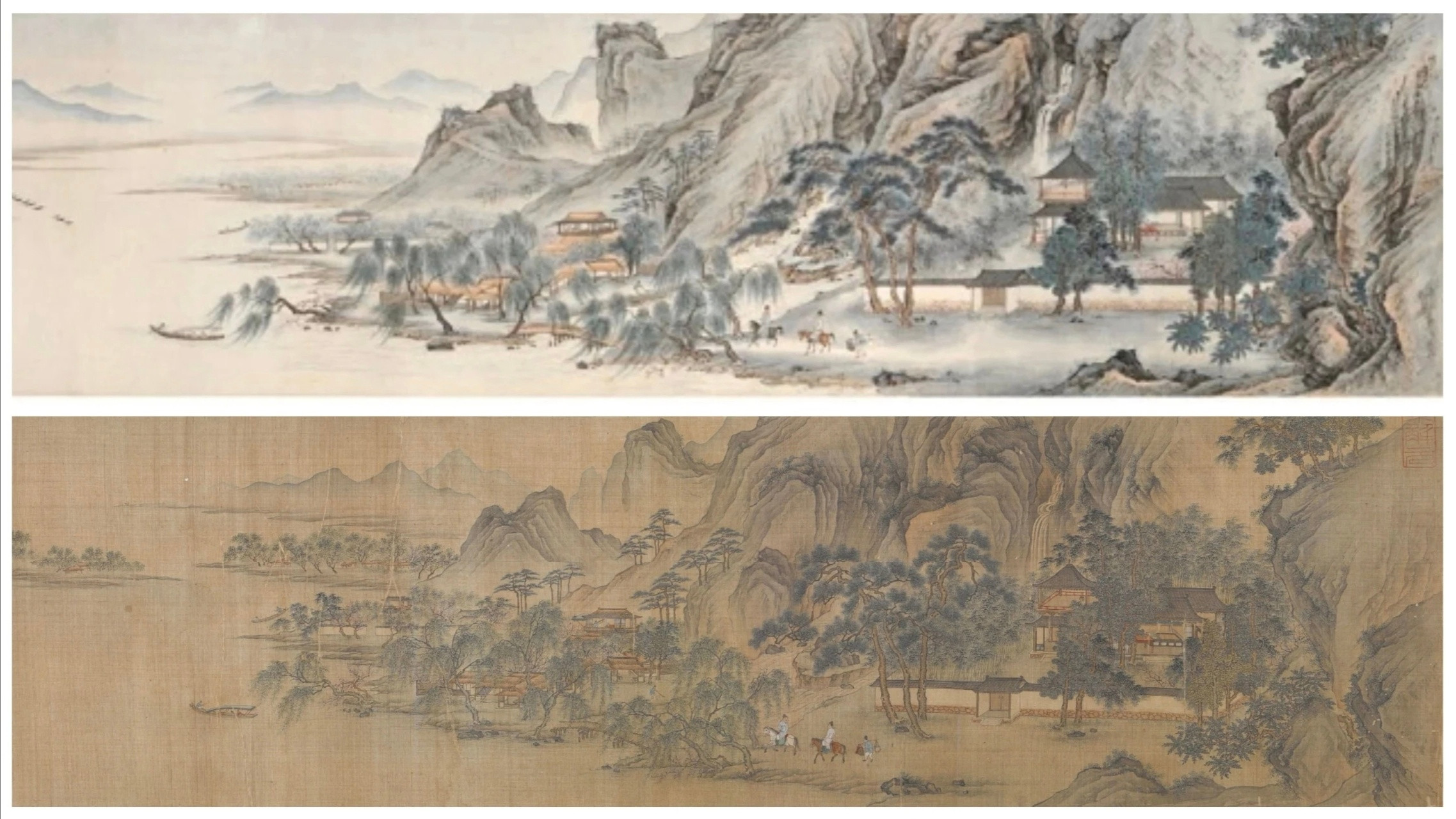 几幅图说明《江南春图》是仿作图一，两个图看上去构图完全一样。上面是仇英《江南春图