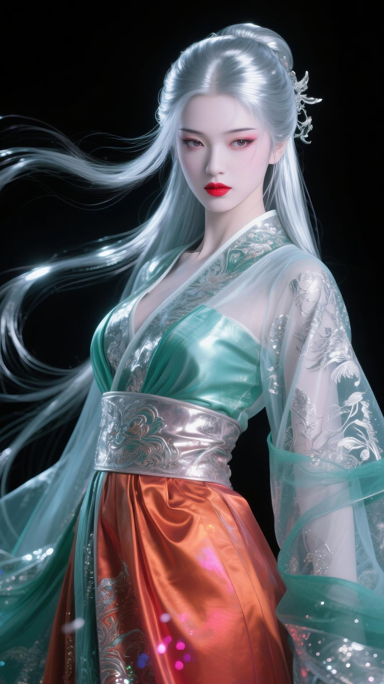 梦幻古风少女，银发红唇，华服飘逸，宛如仙子降临。
