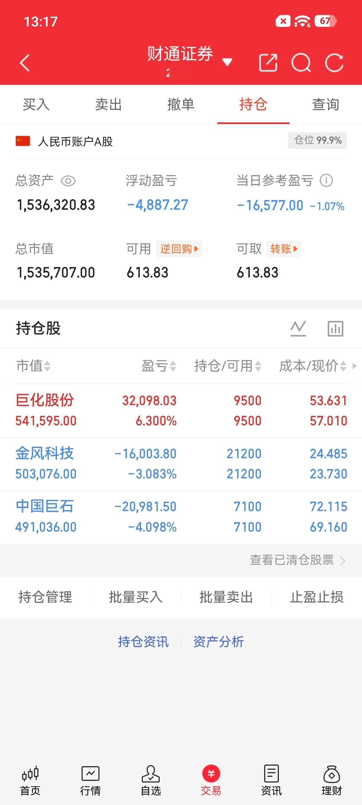 炒股养家记持有：金风科技持有：巨化股份持有：中国巨石我将用真实账户记录每一天的操