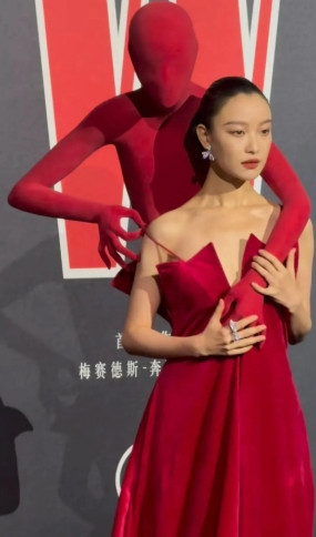 倪妮参加时尚活动，背了一个小红人走红毯。这个小红人设计的时候是从“布洛芬”包装盒