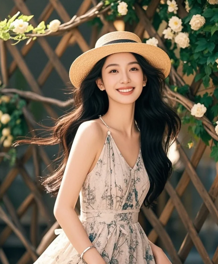 美女在花墙前微笑，感受生活的点滴美好