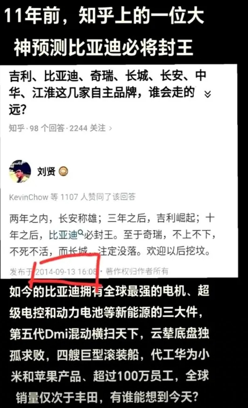 谁没见过当年被调侃“比三万”的比亚迪？2014年知乎作者刘贤说，两年长安称雄