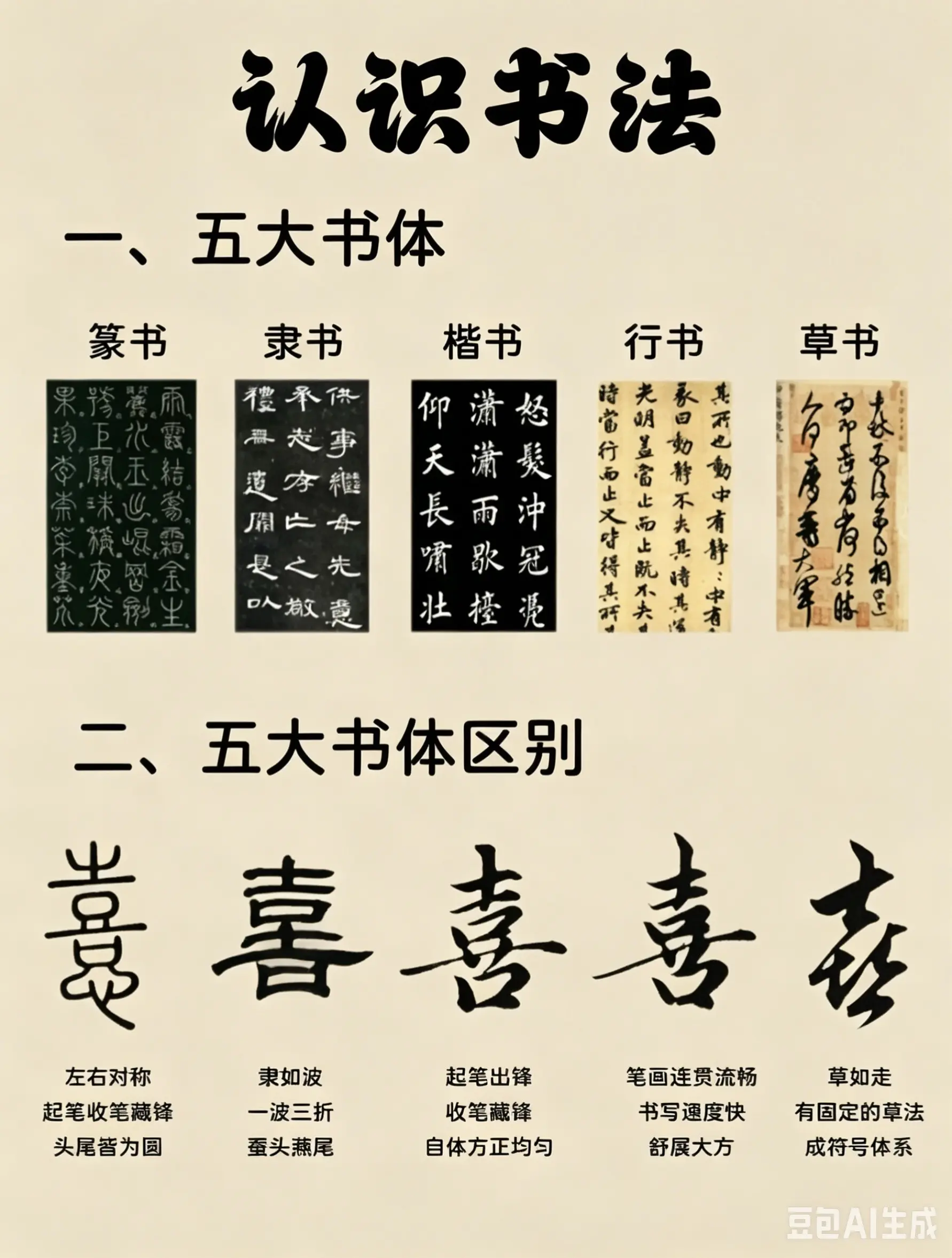 书法入门必看的基础知识点！从五大书体、毛笔分类与四德，到用笔方法、墨分...