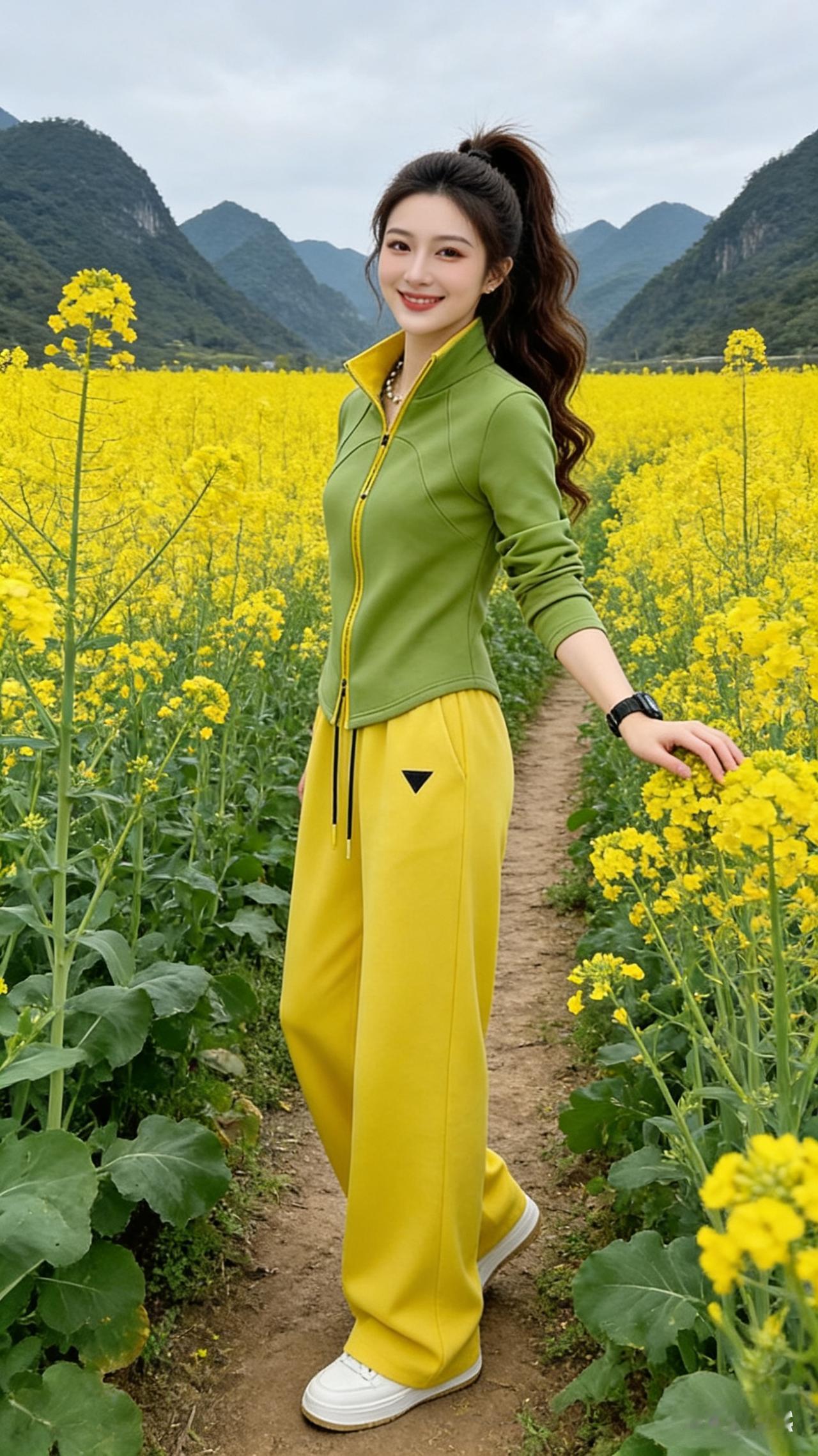 在油菜花田中，穿绿色上衣和黄色裤子的女孩，微笑着享受美好时光。