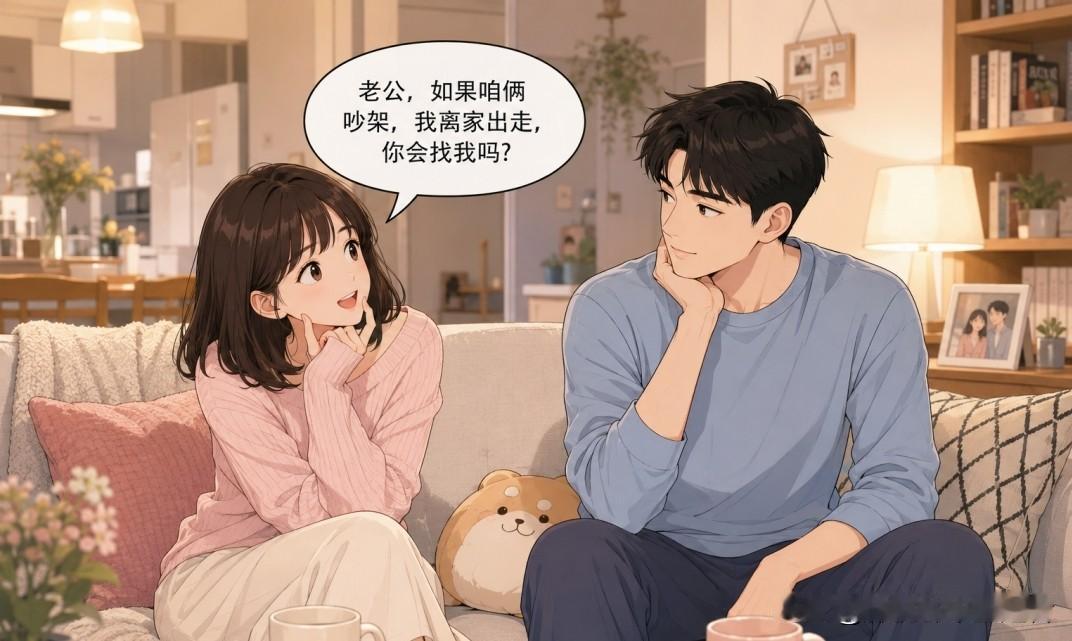 趣味漫画：老婆：“老公，如果咱俩吵架，我离家出走，你会找我吗？”老公：“会，但不