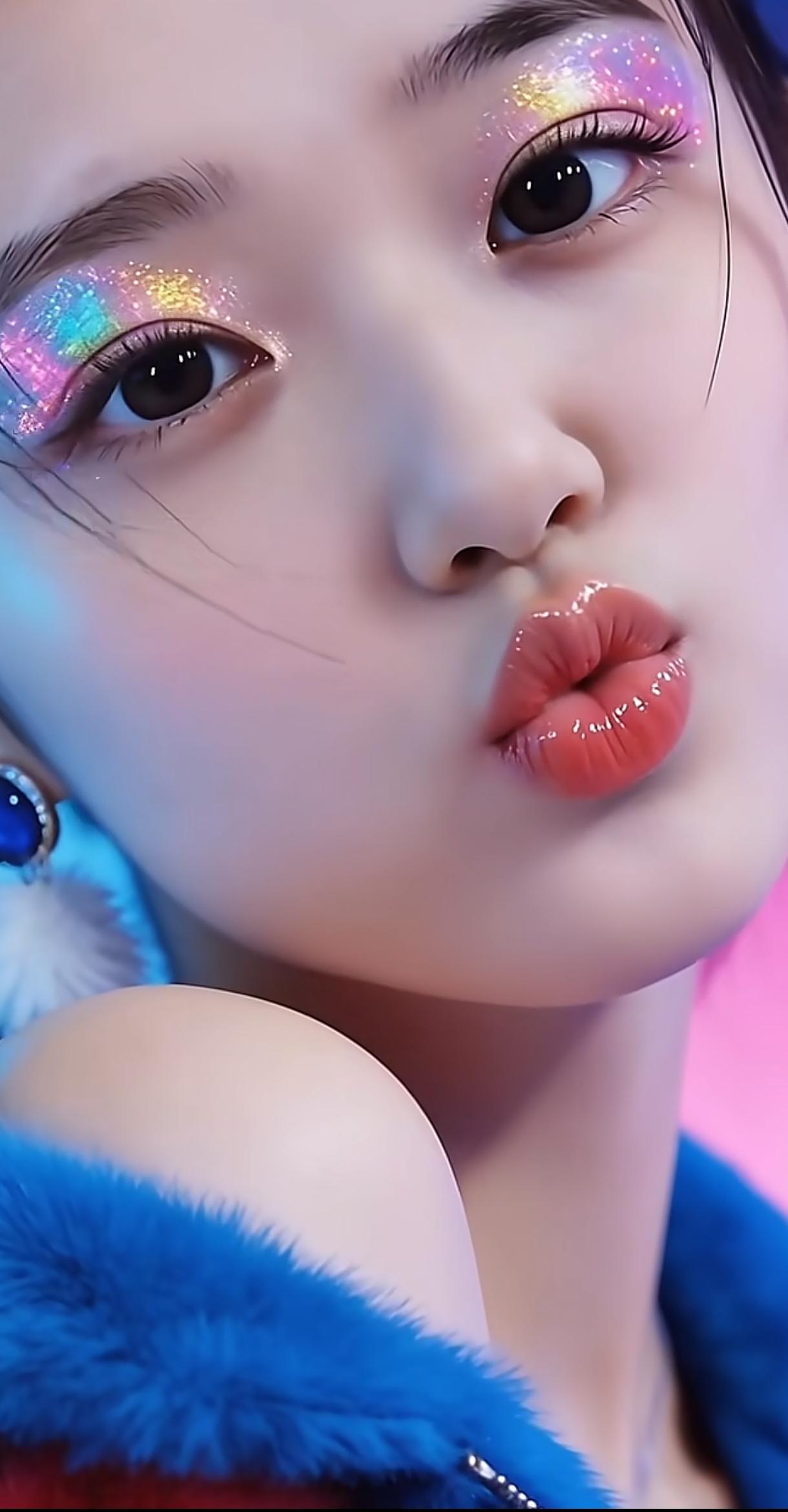 梦幻眼妆，闪耀唇彩，蓝绒外套，时尚少女风小清新人像怎么拍才带感蓝粉色眼妆花卉