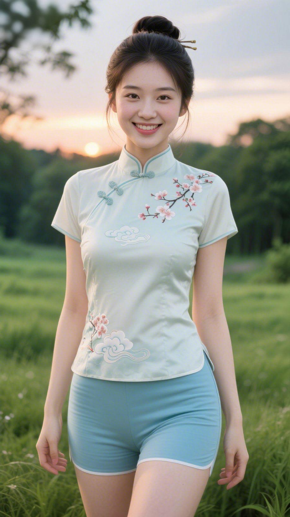 青衫染晚晴暮色将云絮浸成软橘，她身上的青衫便成了春的余韵。盘发间的簪