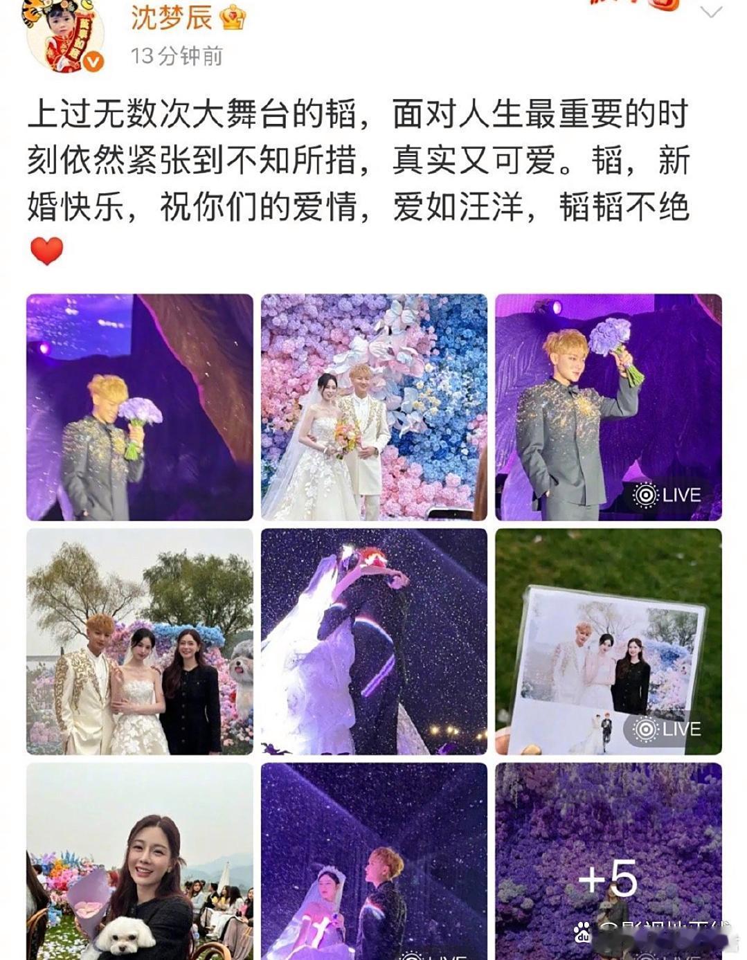 参加黄子韬、徐艺洋婚礼的沈梦辰、刘些宁晒出婚礼晚宴的现场照，黄子韬一身黑色西装手