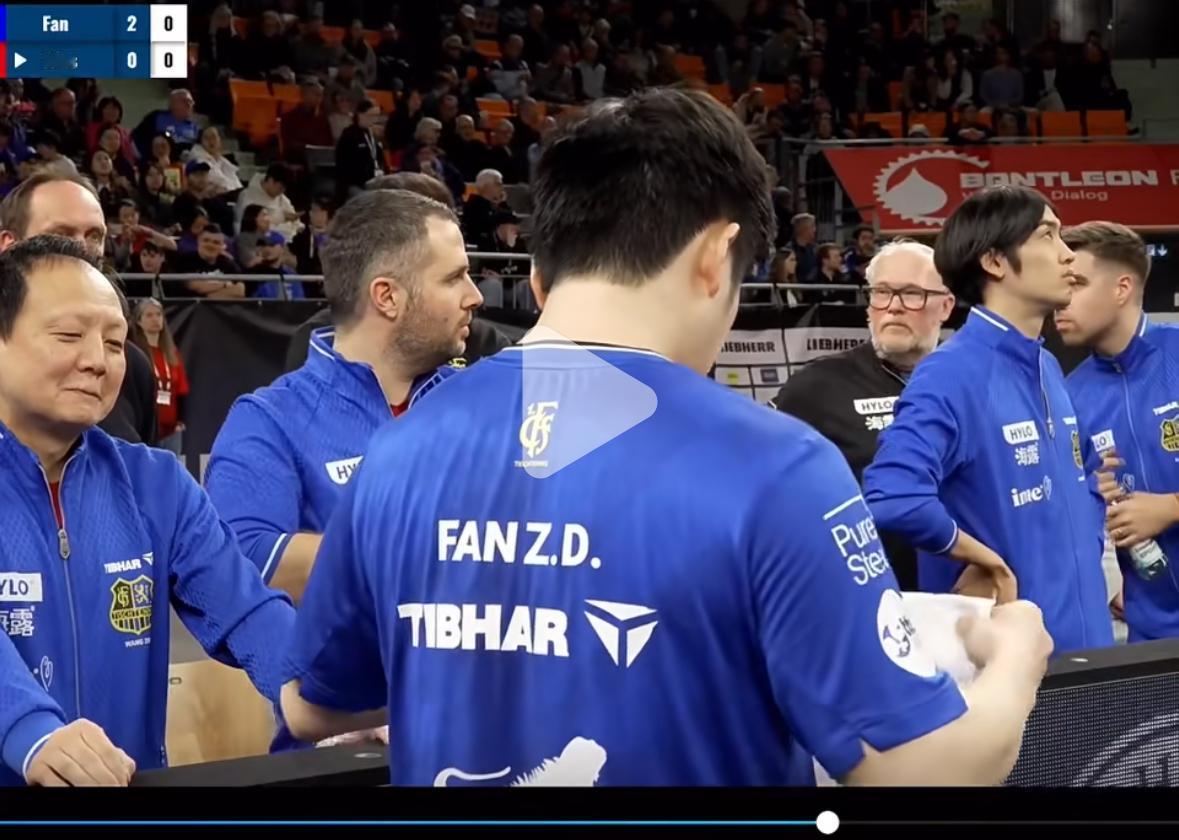 萨尔布吕肯的教练王志看樊振东的比赛压不住的笑樊振东一天四赛，助力萨尔布吕肯夺