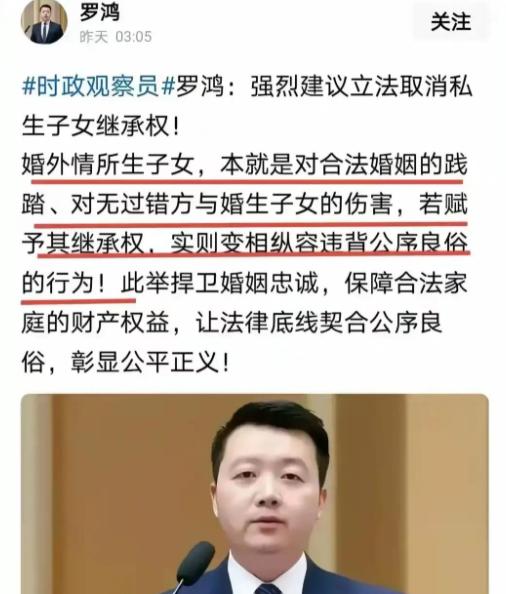 专家罗鸿提出的一个建议，简直是捅了马蜂窝！罗鸿直言：“我强烈建议取消私生子女的继