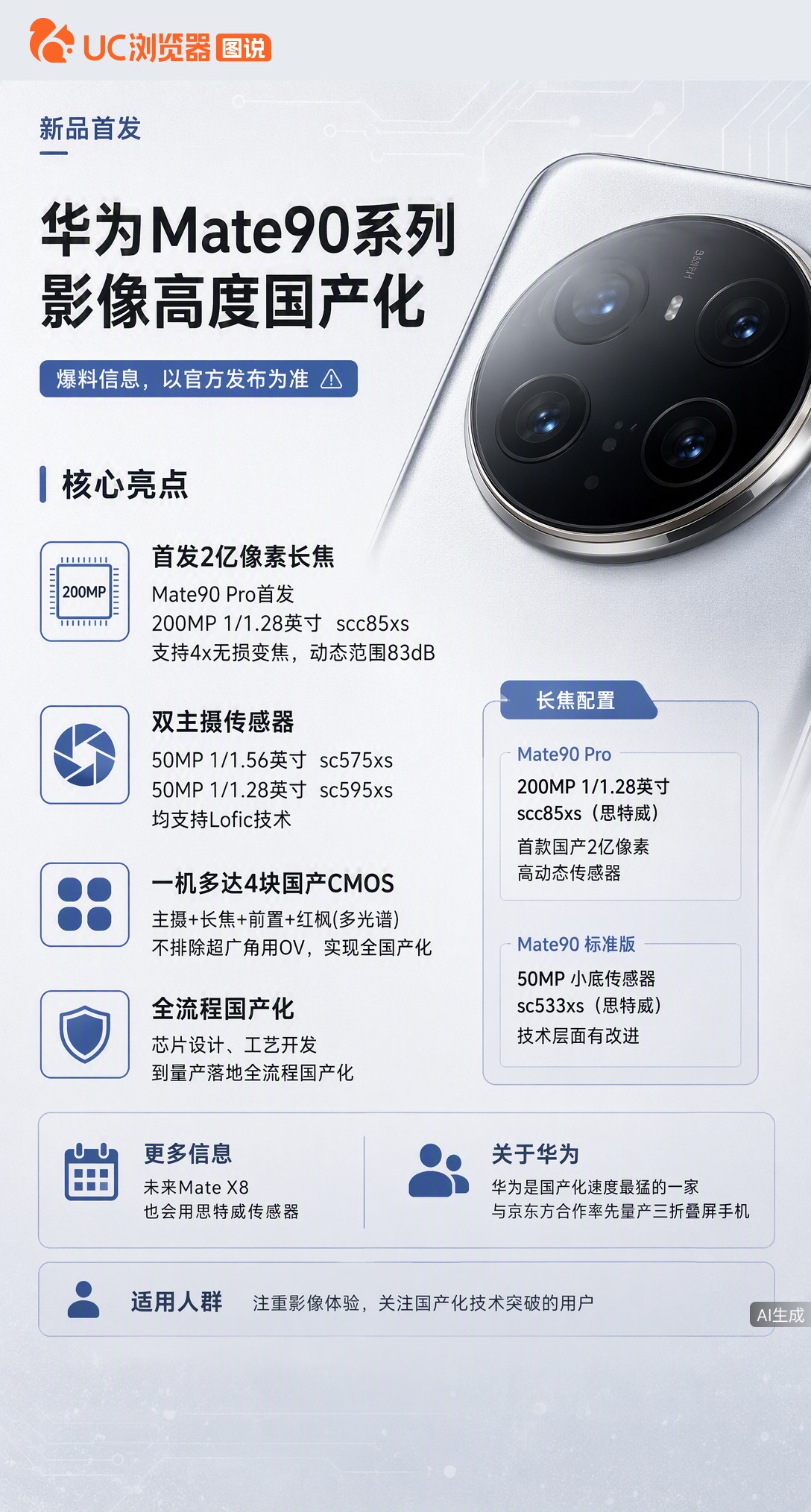 据曝华为Mate90或塞进4块国产CMOS，Pro版长焦首发思特威2亿像素传感器。从主摄到红枫全换国
