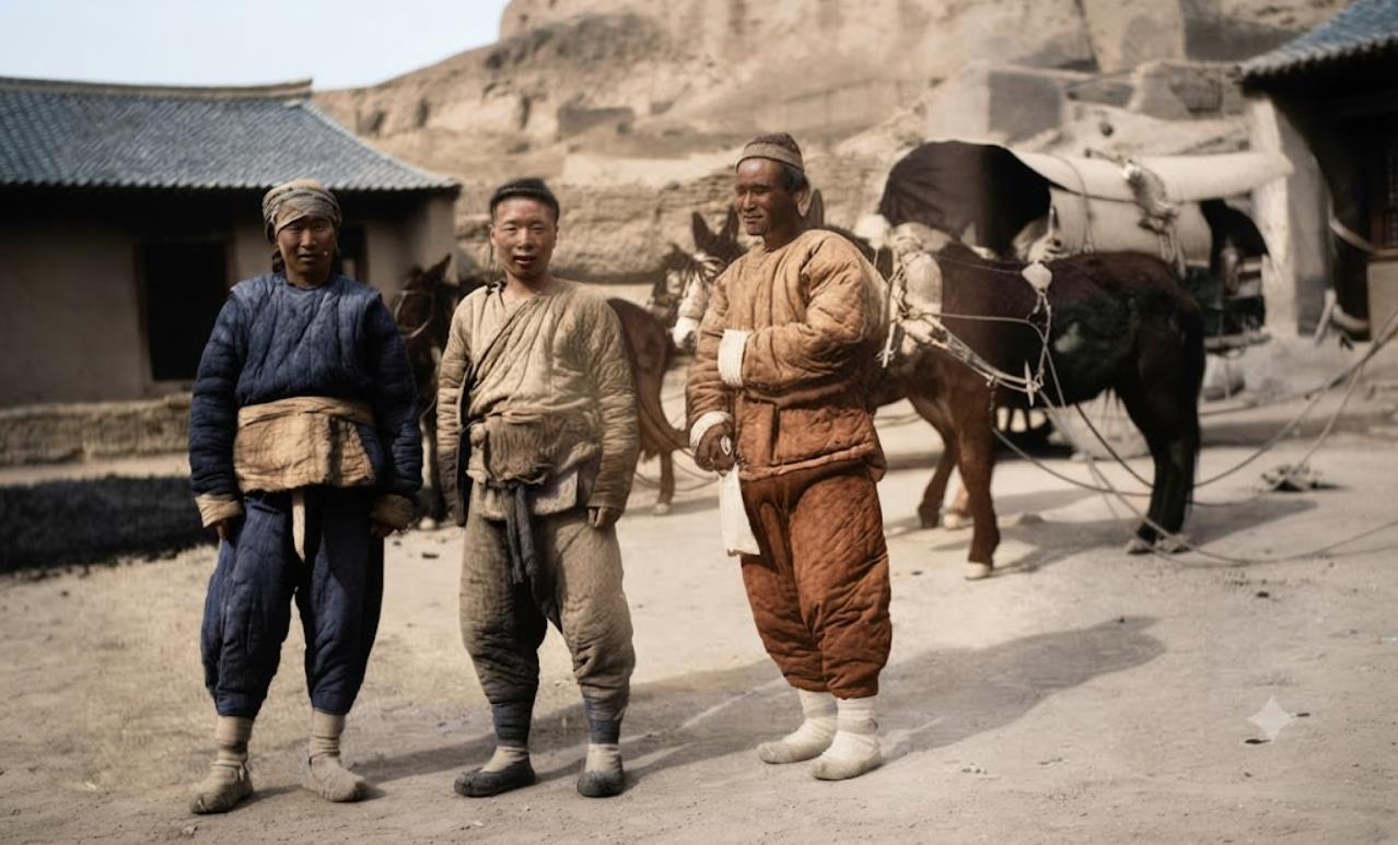1910年，甘肃青江驿（今甘肃会宁）客栈门前的三位马车夫。摄影师是时任《泰晤士报