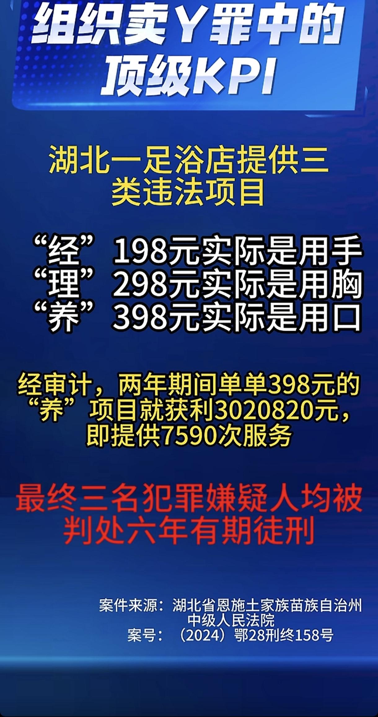 湖北一足浴店踩中了最高刑罚。通过不同的项目向客户提供特殊服务，靠398元的项目
