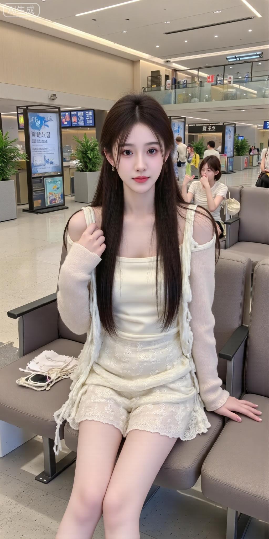 候机厅里的奶白甜妹好出片吊带裙叠件针织开衫，流苏边添了点柔美感，全白穿搭在